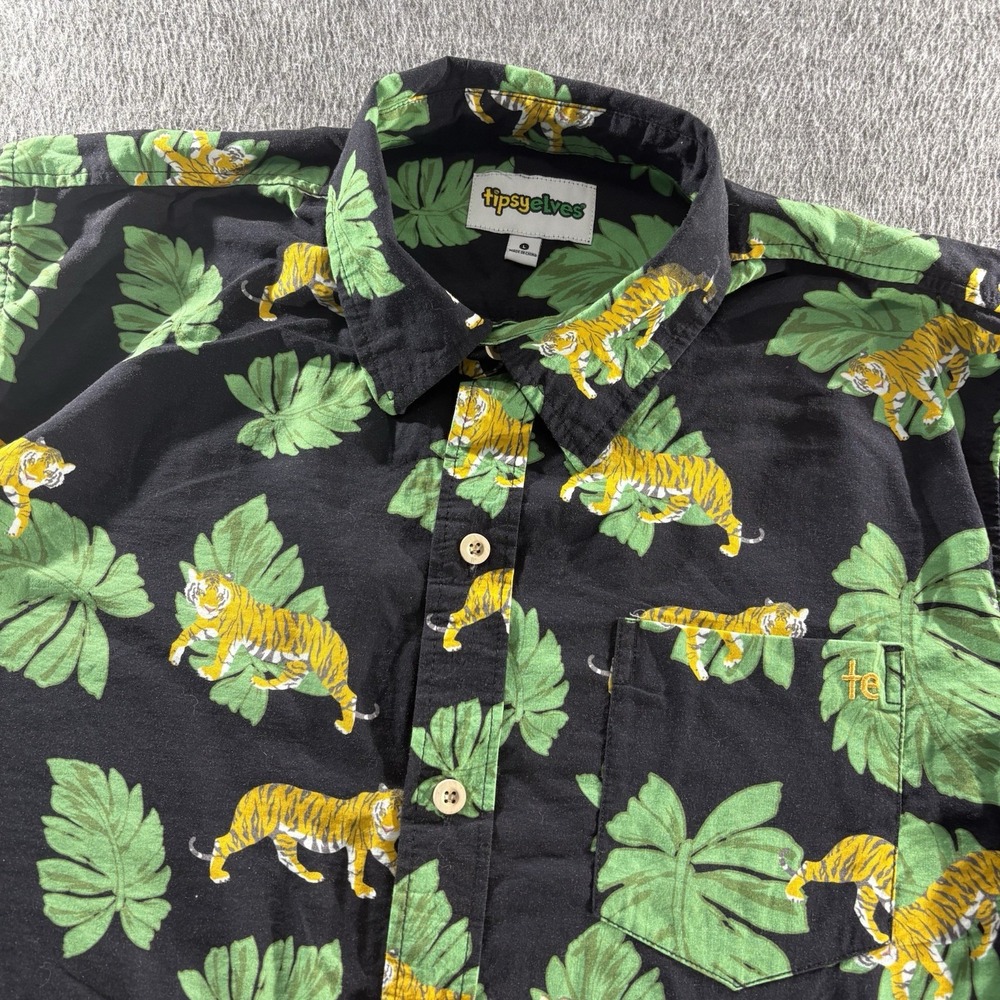 Tipsy Elves Men King of Tiger Hawaiian Shirt Large Button Up Short Sleeve Animal
